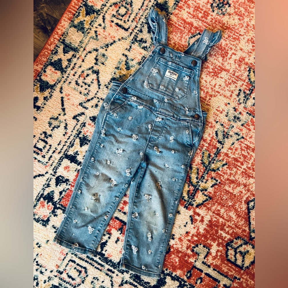 Rare OshKosh 2T Floral Denim Overalls with Ruffle Trim - Picture 2 of 12